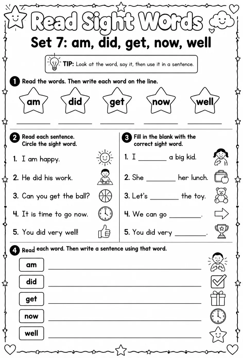 Read sight words set 7: am, did, get, now, well
