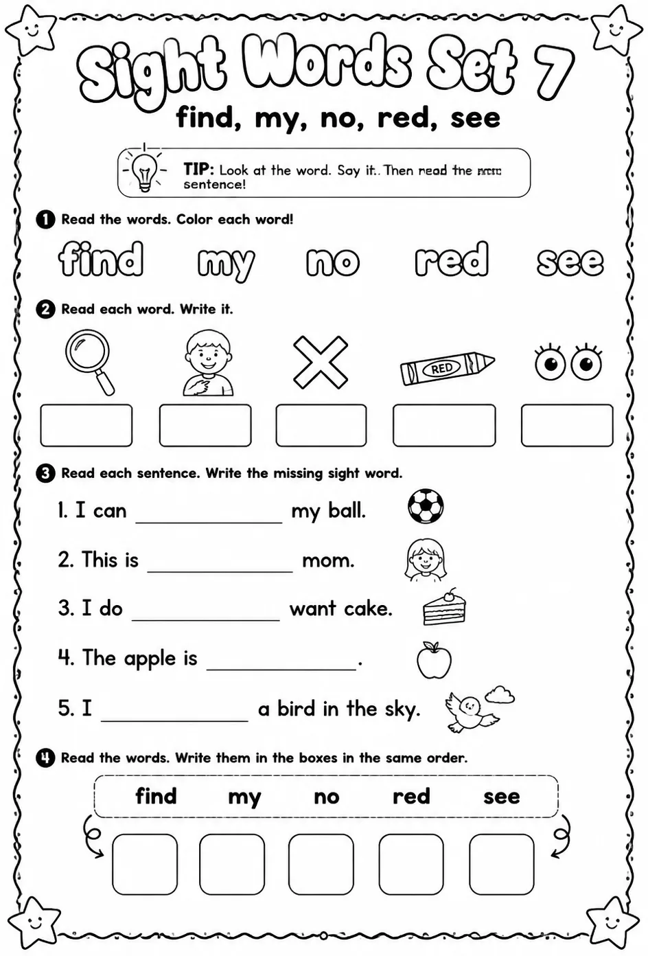 Read sight words set 7: find, my, no, red, see