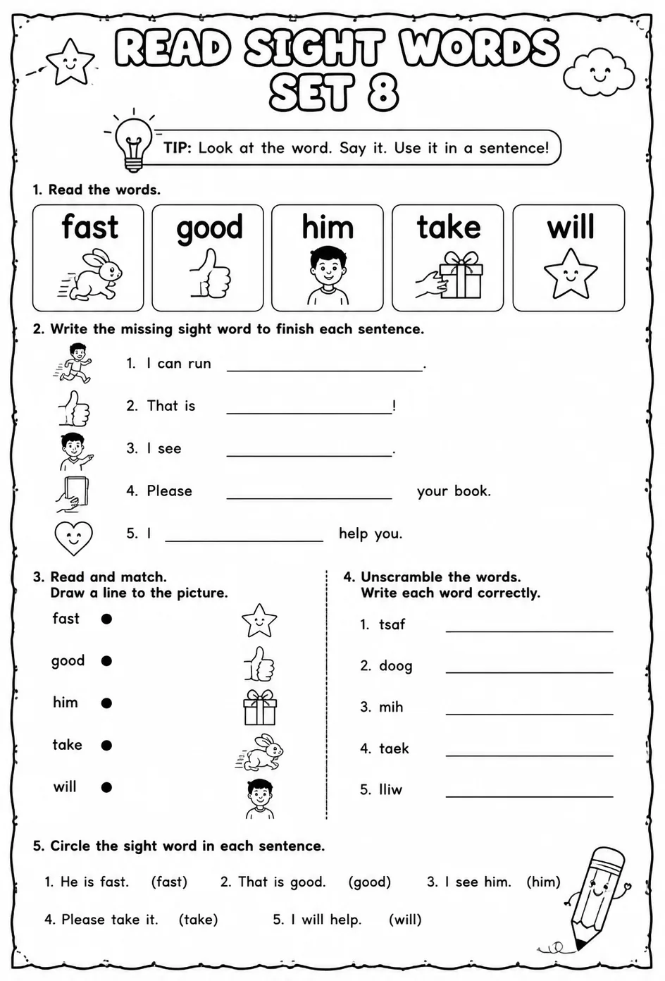 Read sight words set 8: fast, good, him, take, will