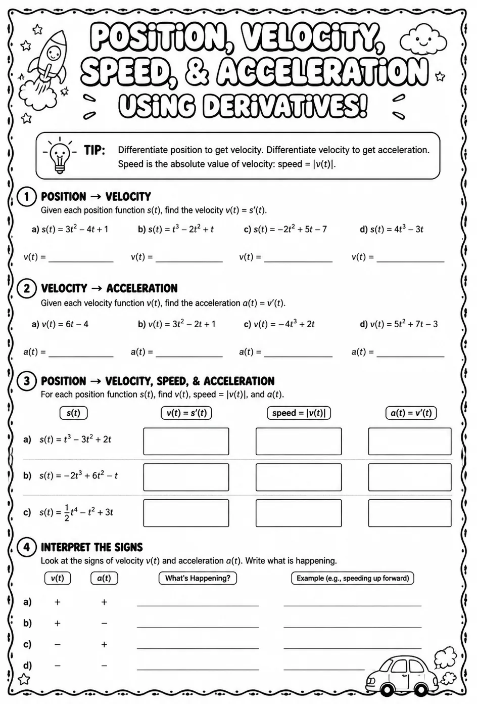 Relate position, velocity, speed, and acceleration using derivatives