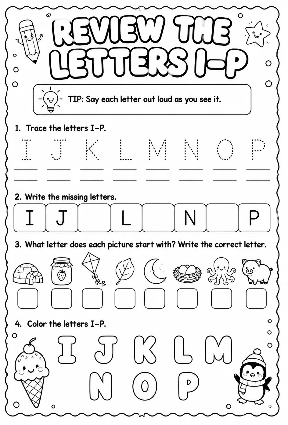 Review the letters I–P