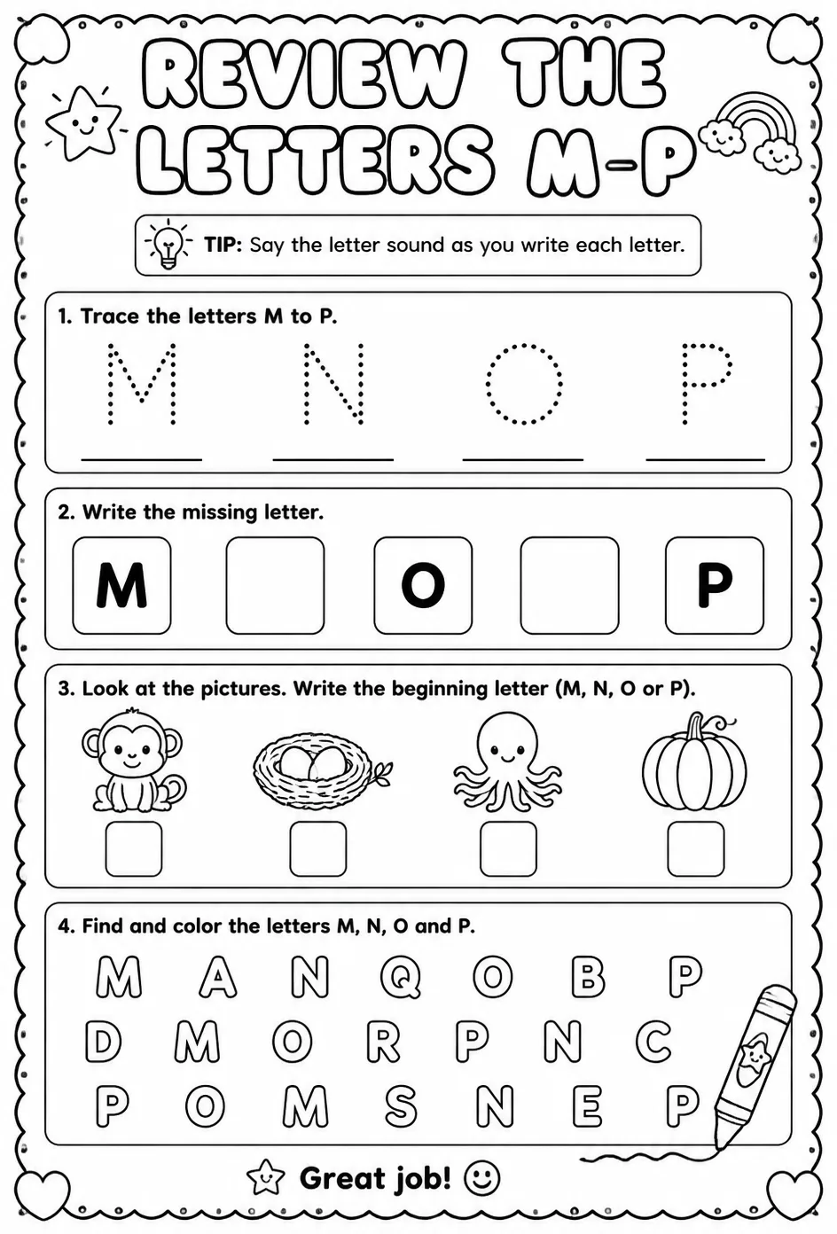 Review the letters M–P