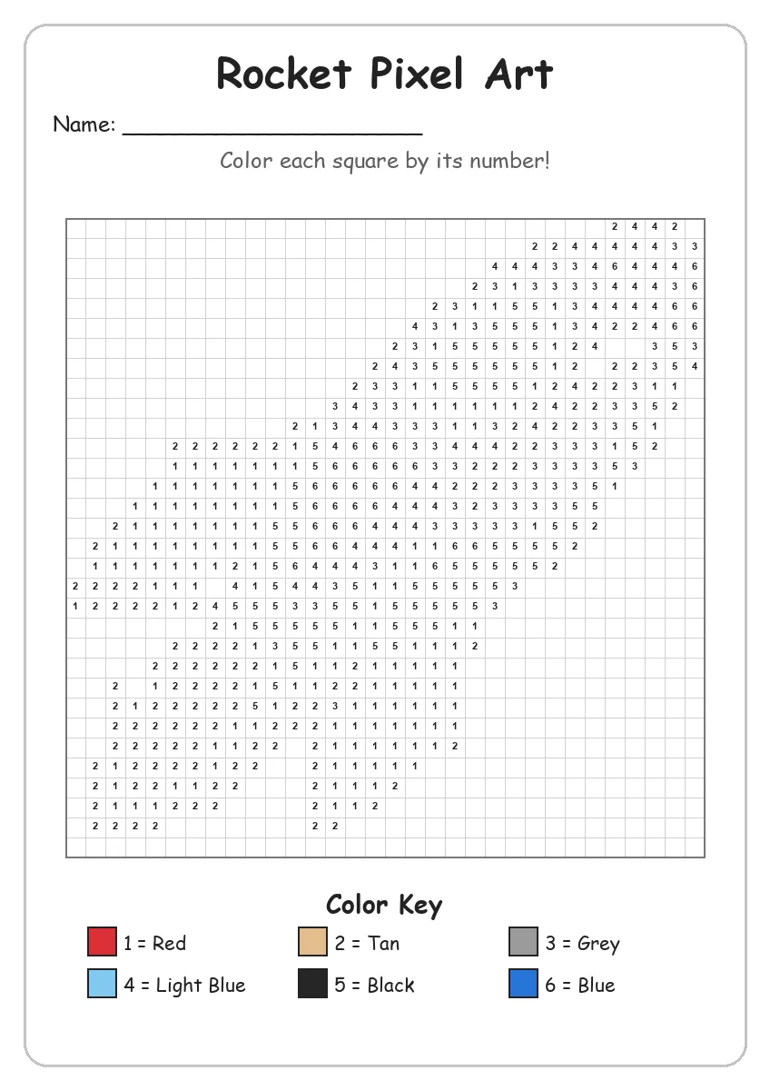 Rocket Pixel Art — Color by Number (Grade 2)