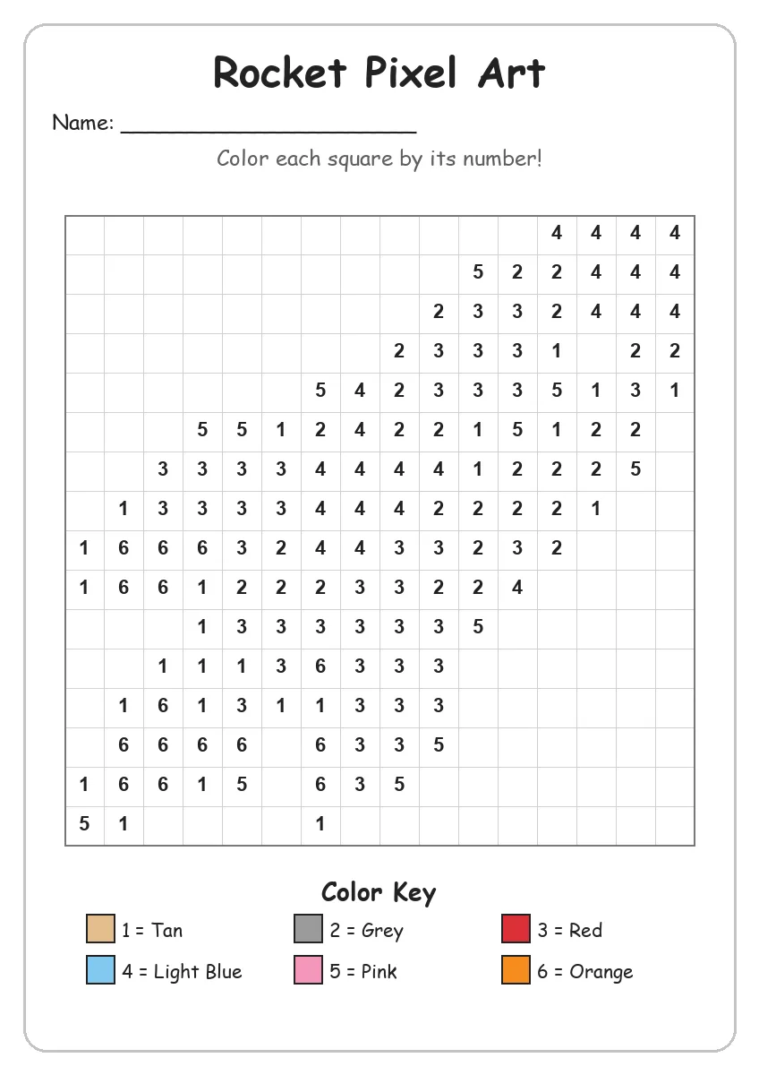 Rocket Pixel Art — Color by Number (Kindergarten)