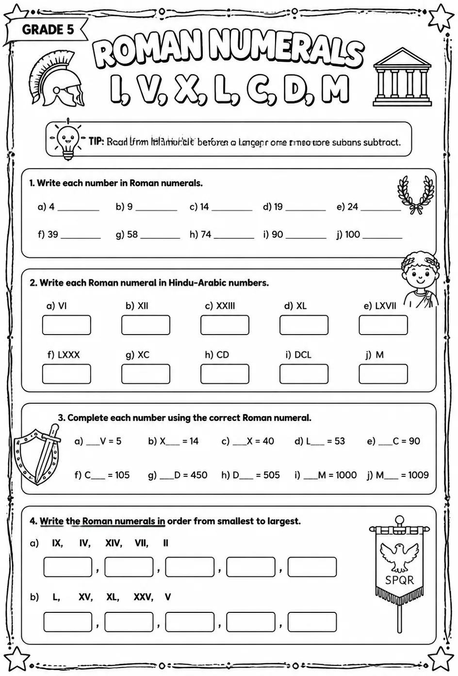 Roman numerals I, V, X, L, C, D, M