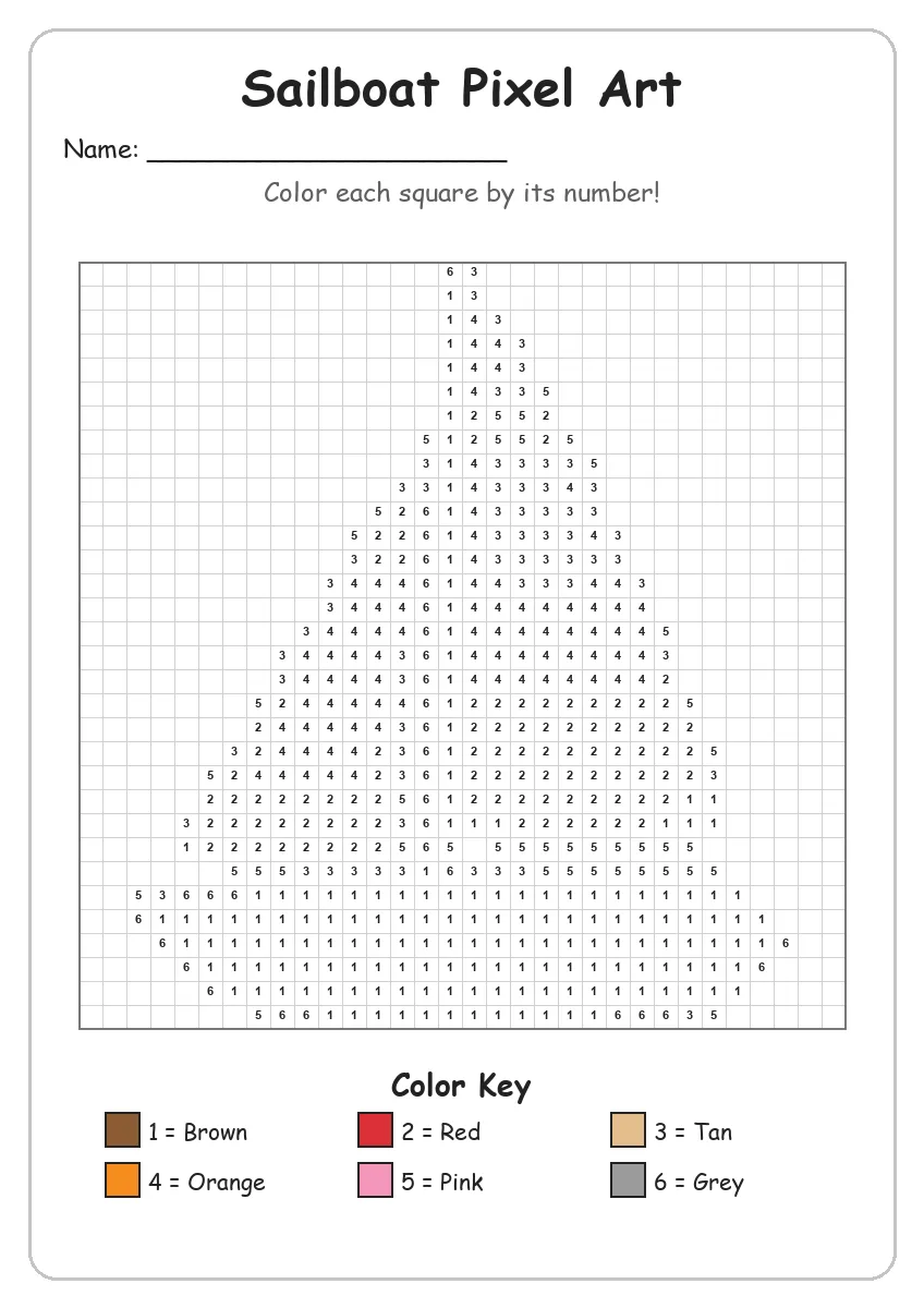 Sailboat Pixel Art — Color by Number (Grade 2)