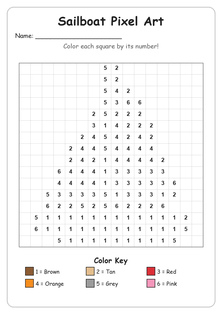 Sailboat Pixel Art — Color by Number (Kindergarten)