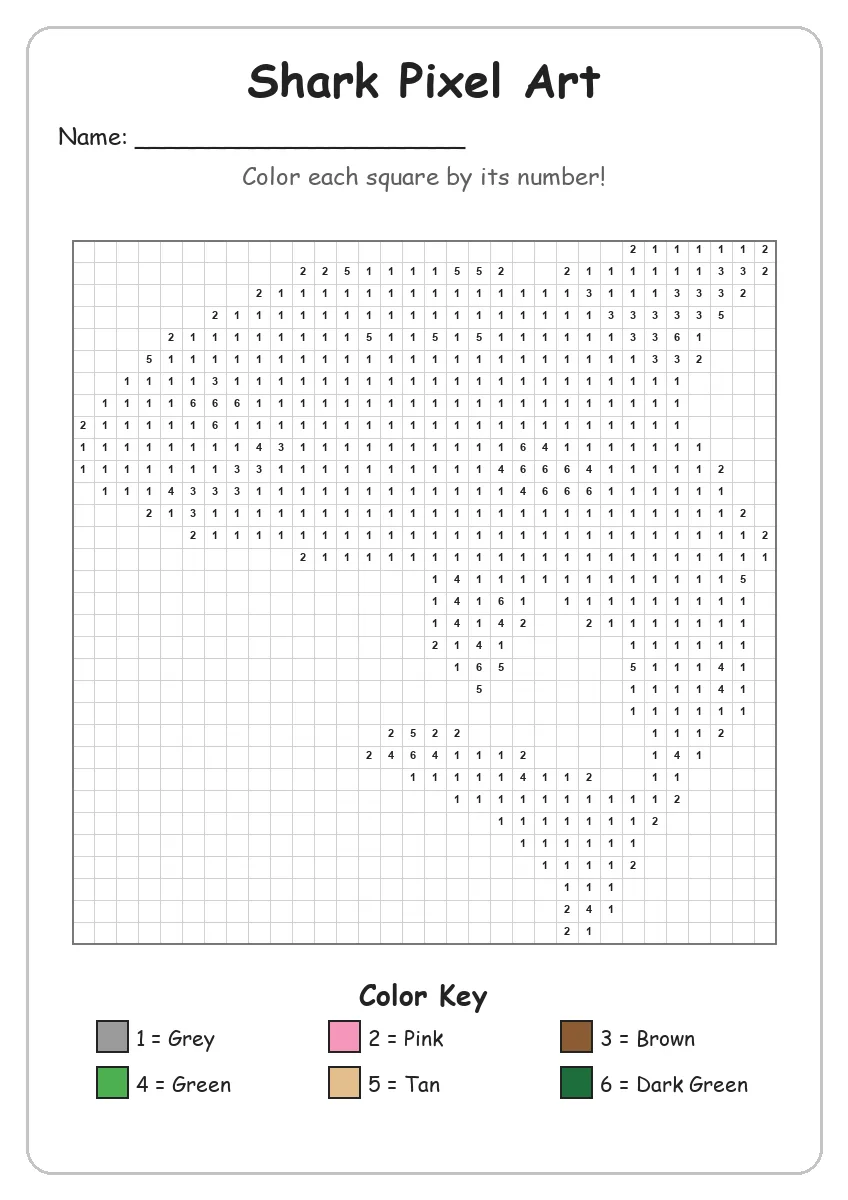 Shark Pixel Art — Color by Number (Grade 2)