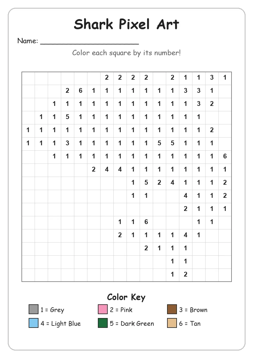 Shark Pixel Art — Color by Number (Kindergarten)