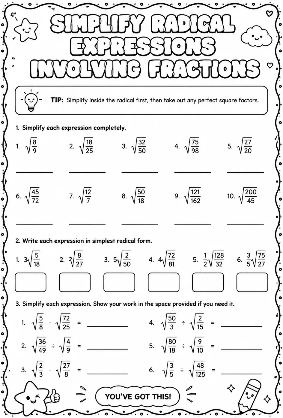 Simplify radical expressions involving fractions