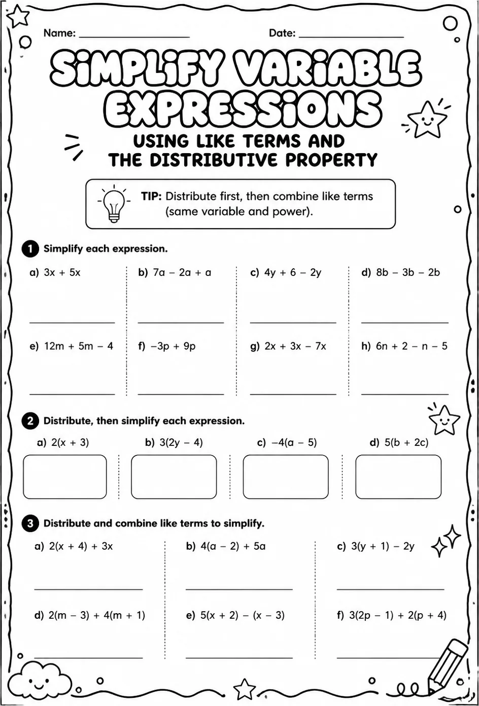 Simplify variable expressions involving like terms and the distributive property