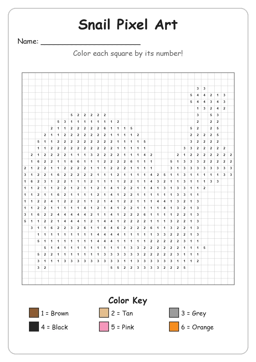 Snail Pixel Art — Color by Number (Grade 2)