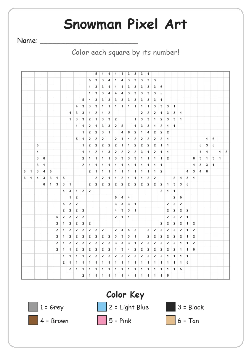 Snowman Pixel Art — Color by Number (Grade 2)