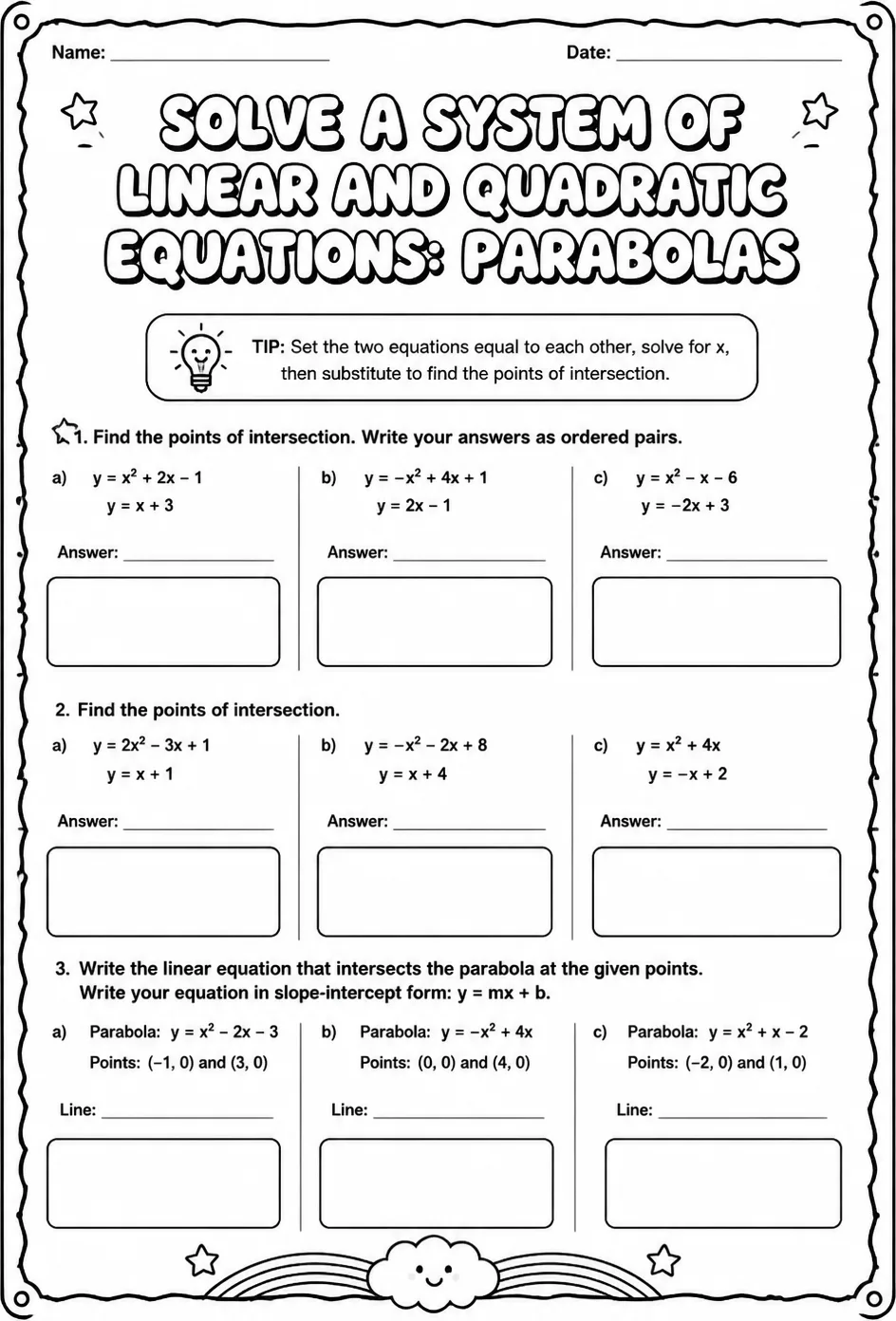 Solve a system of linear and quadratic equations: parabolas