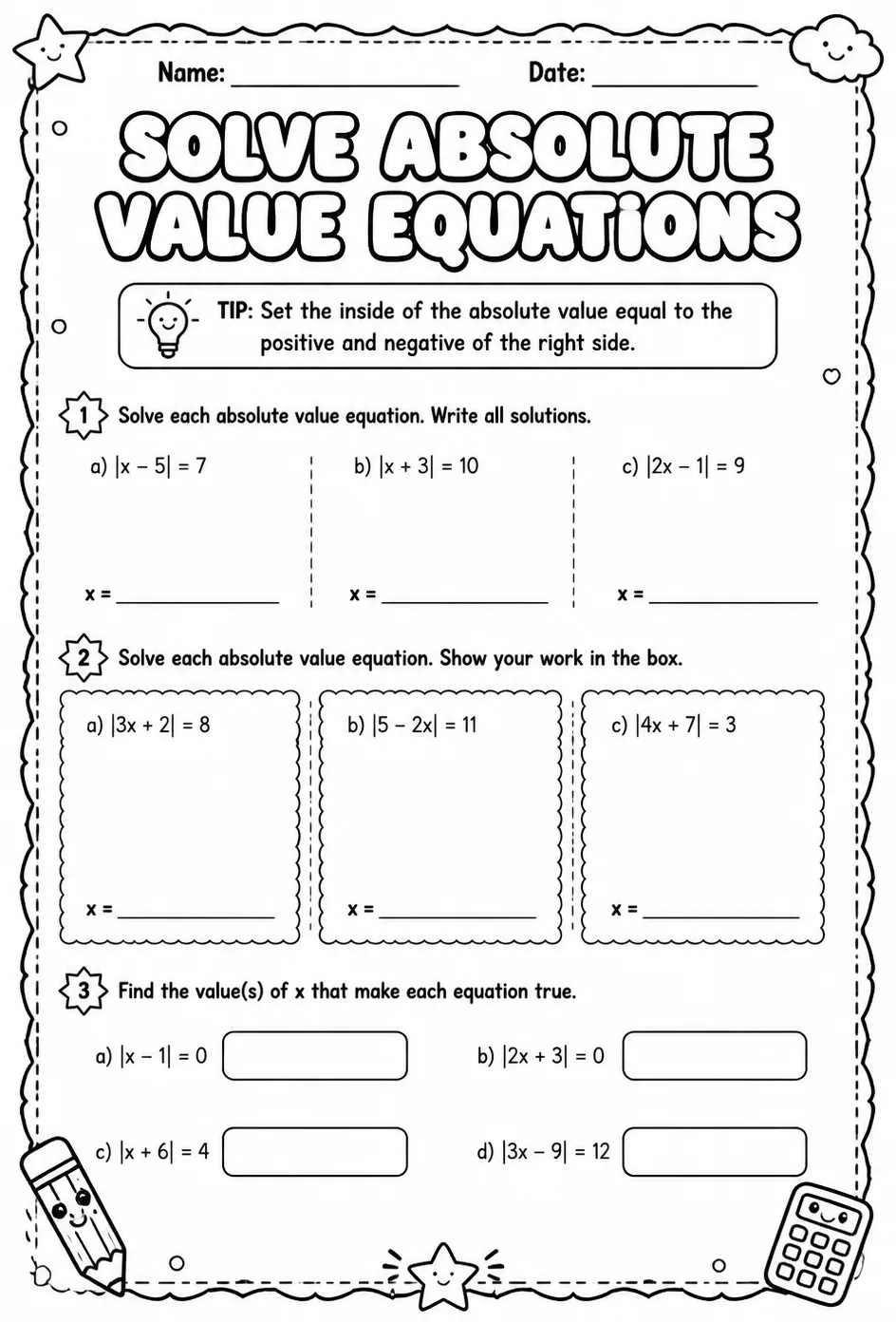 Solve absolute value equations
