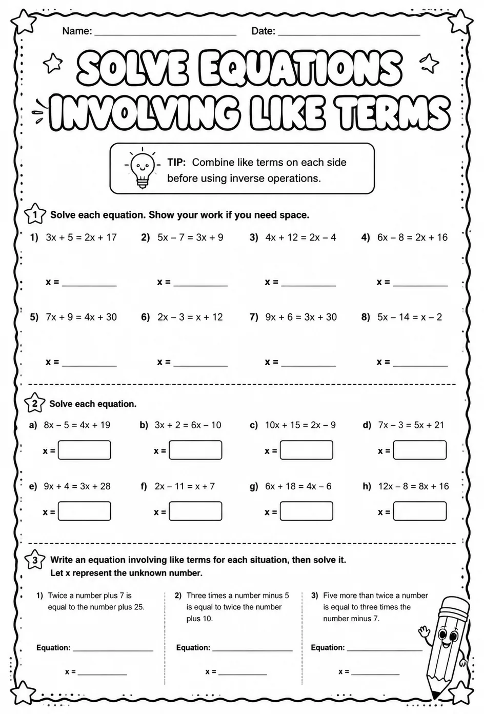 Solve equations involving like terms