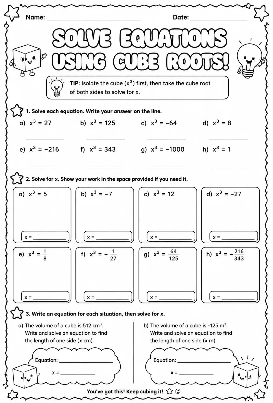 Solve equations using cube roots