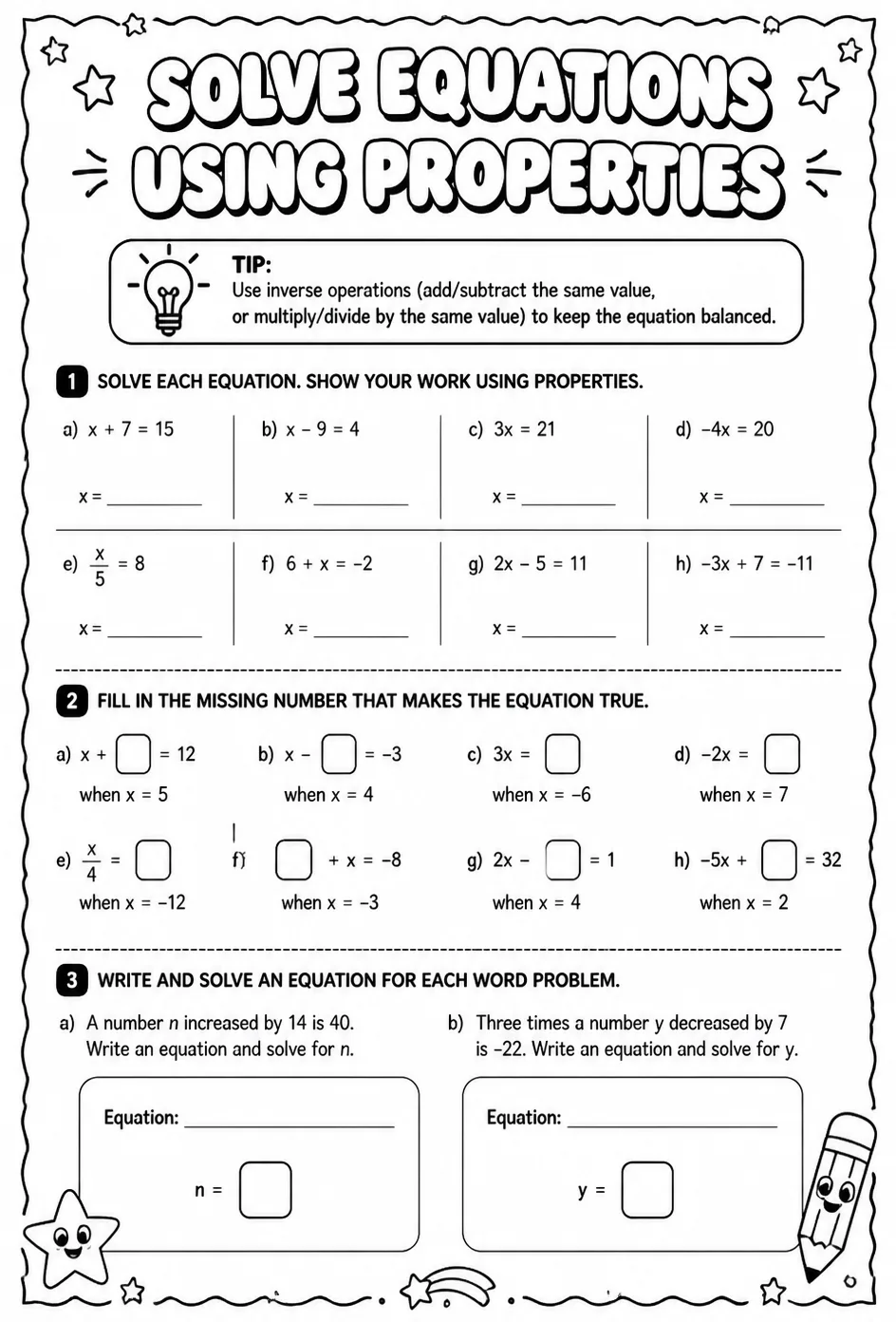 Solve equations using properties