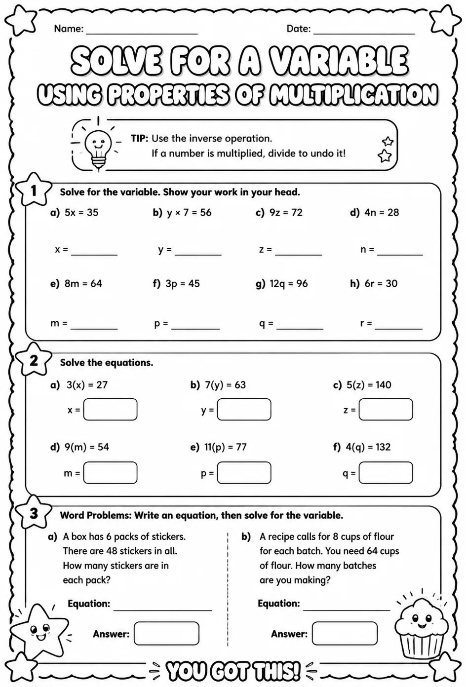 Solve for a variable using properties of multiplication