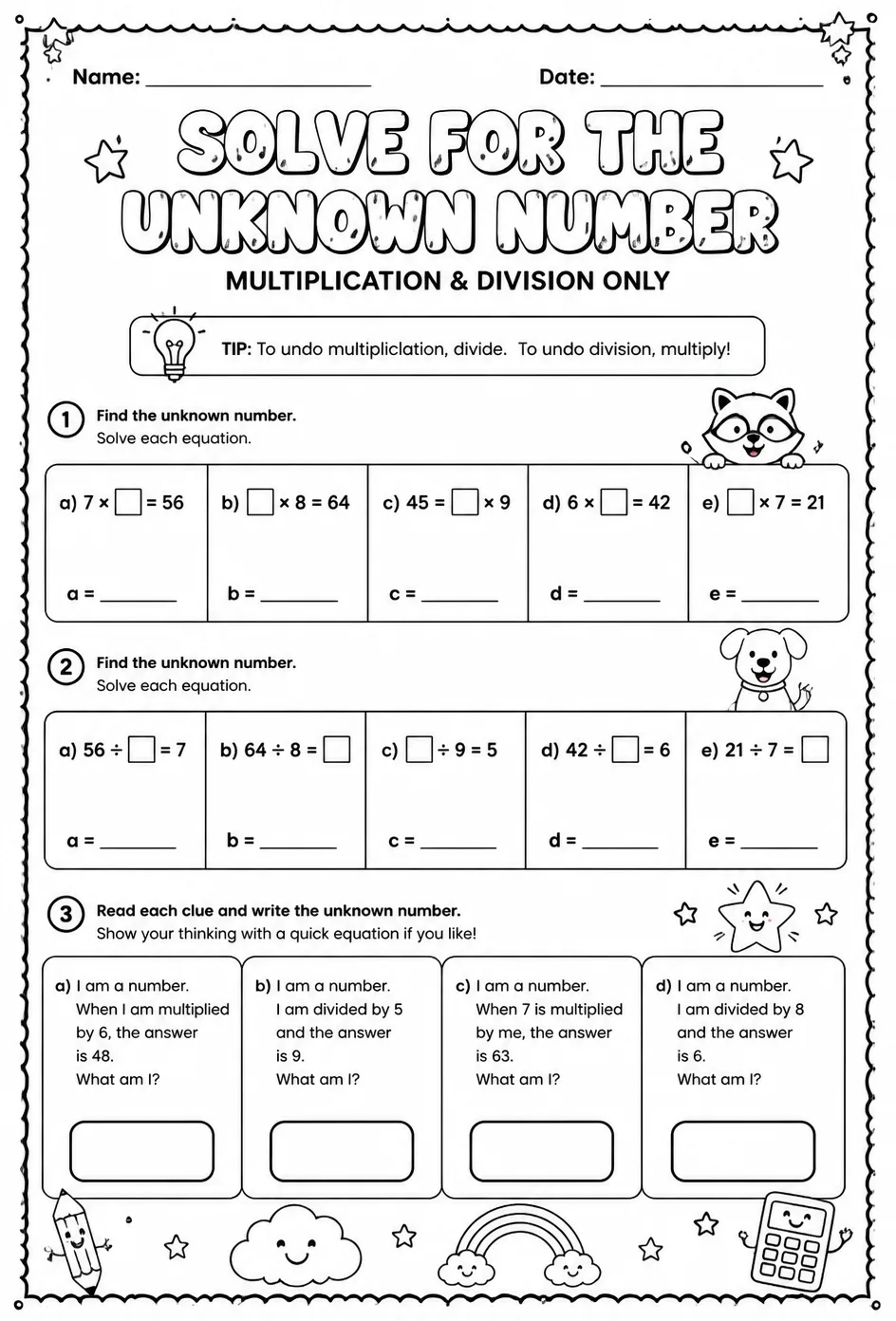 Solve for the unknown number: multiplication and division only