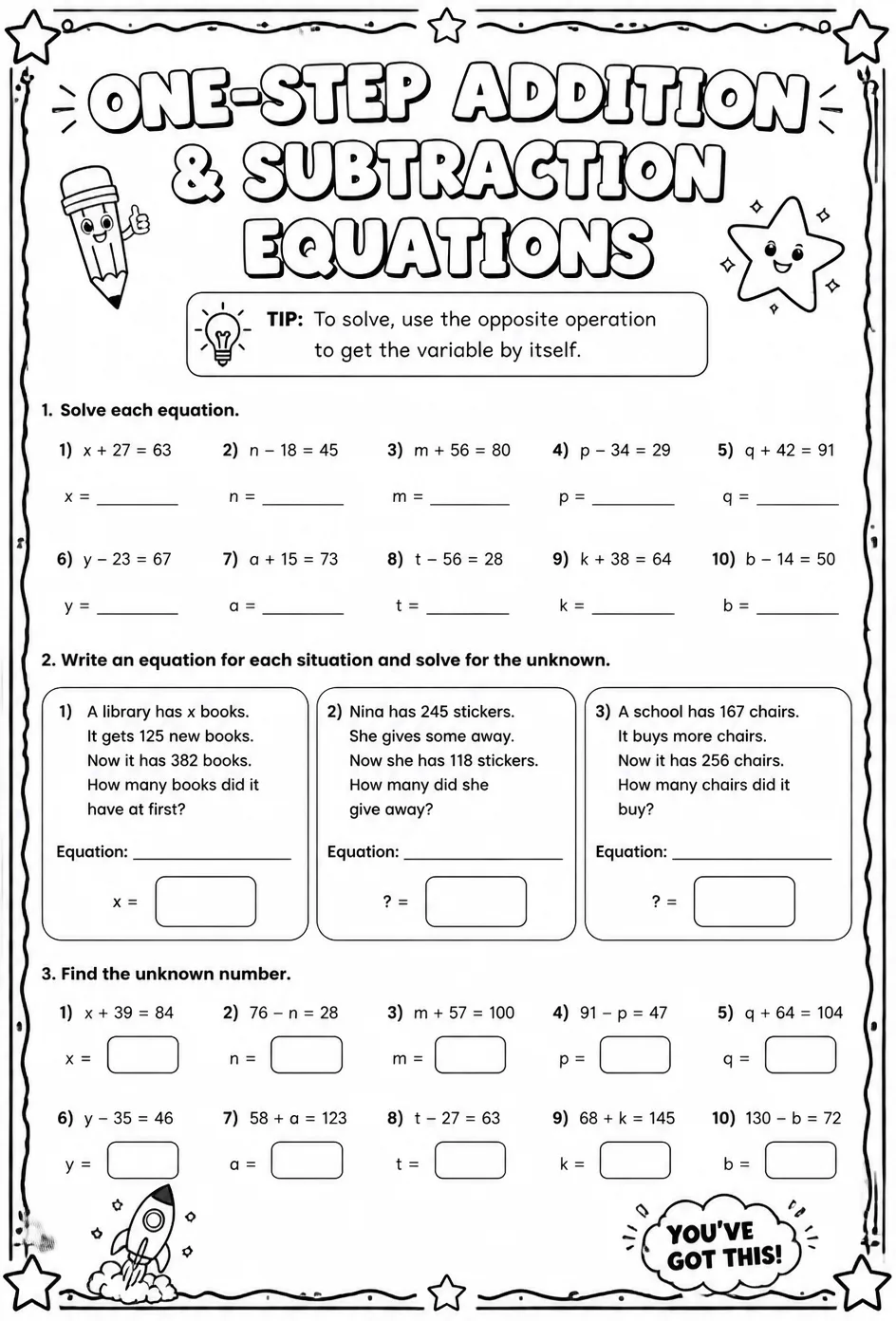 Solve one-step addition and subtraction equations with whole numbers