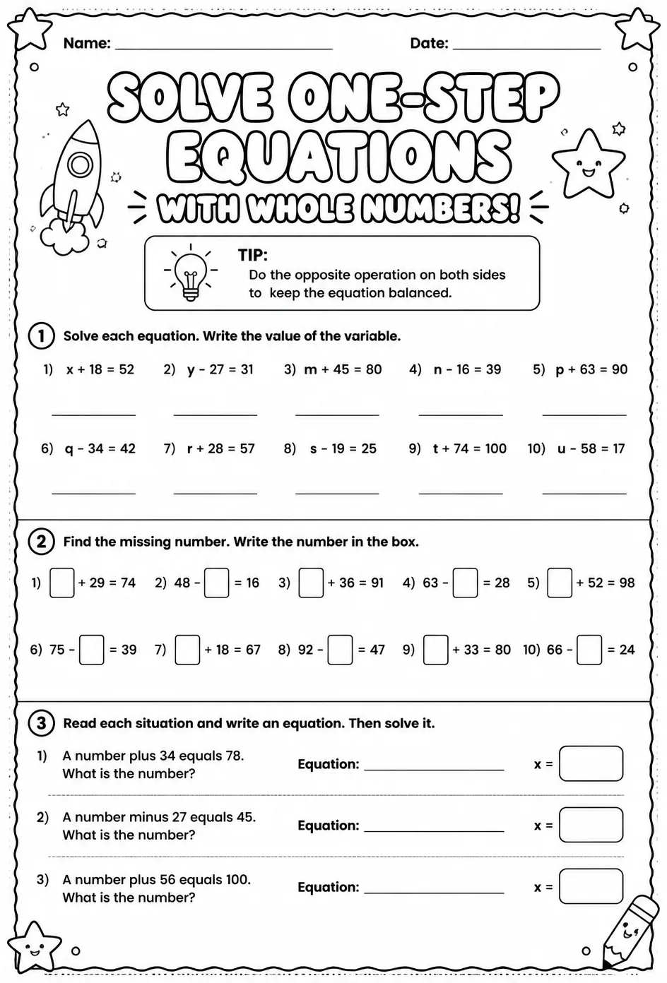 Solve one-step equations with whole numbers