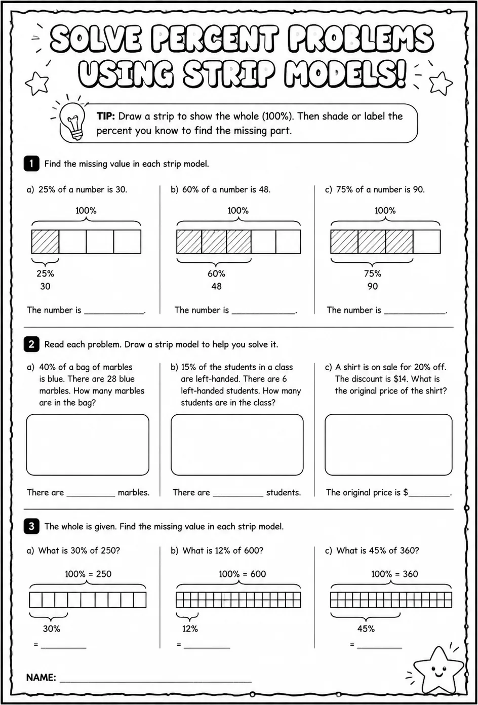 Solve percent problems using strip models