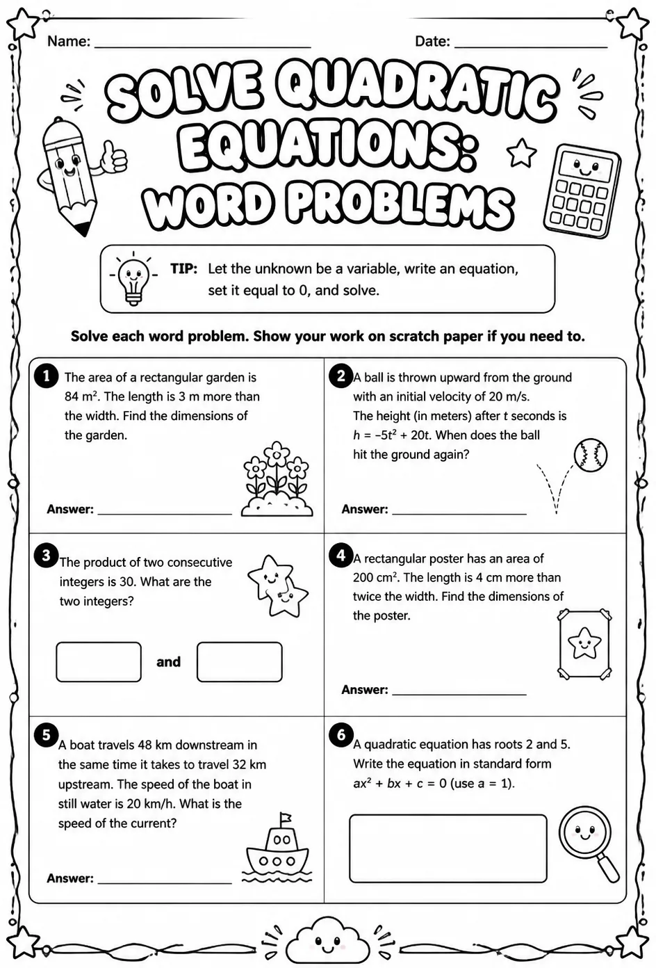 Solve quadratic equations: word problems