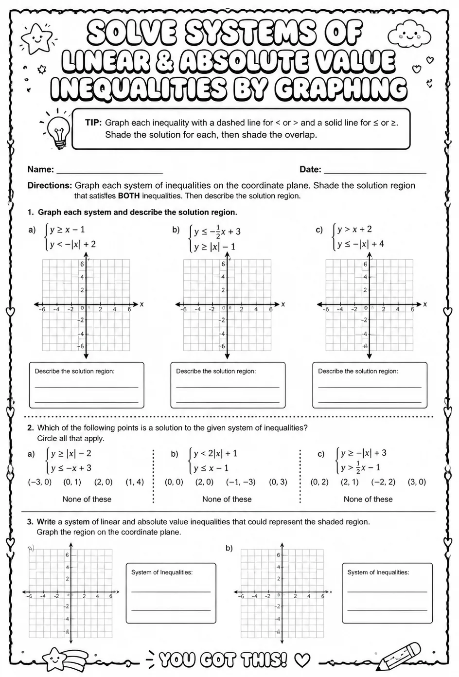 Solve systems of linear and absolute value inequalities by graphing