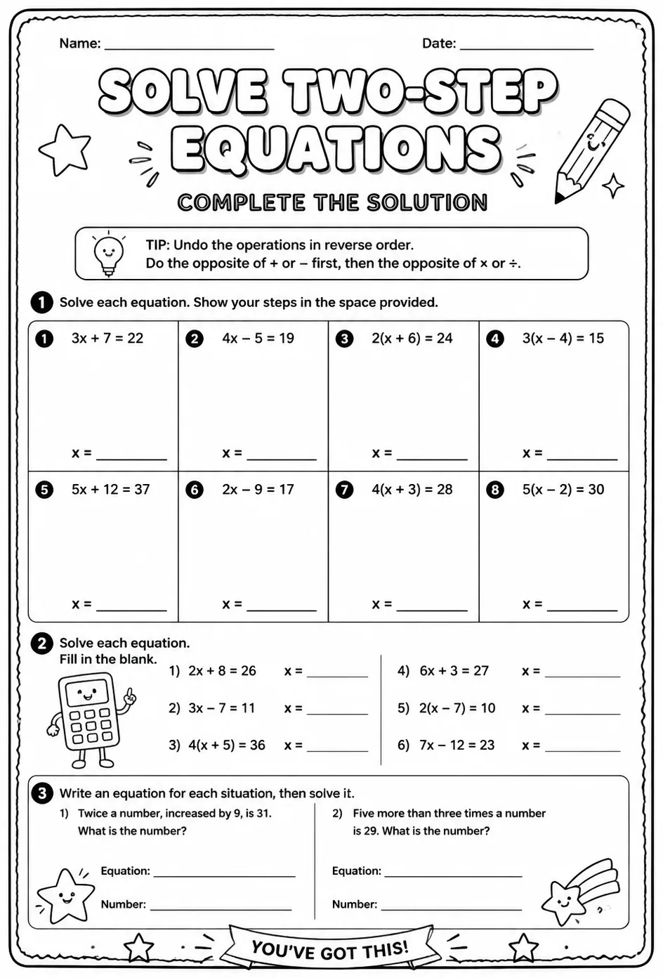 Solve two-step equations: complete the solution