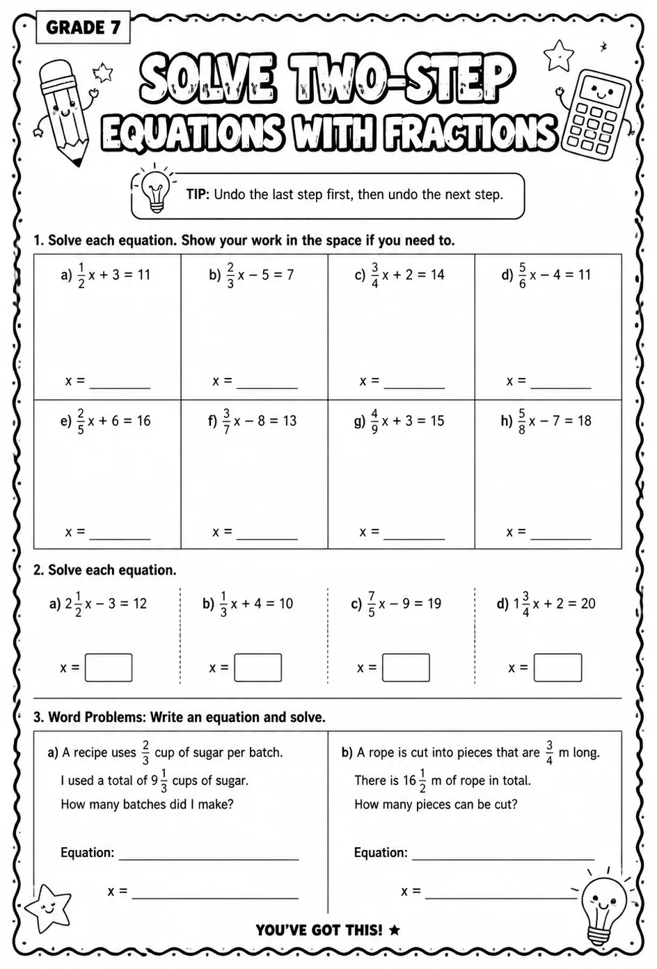 Solve two-step equations with fractions