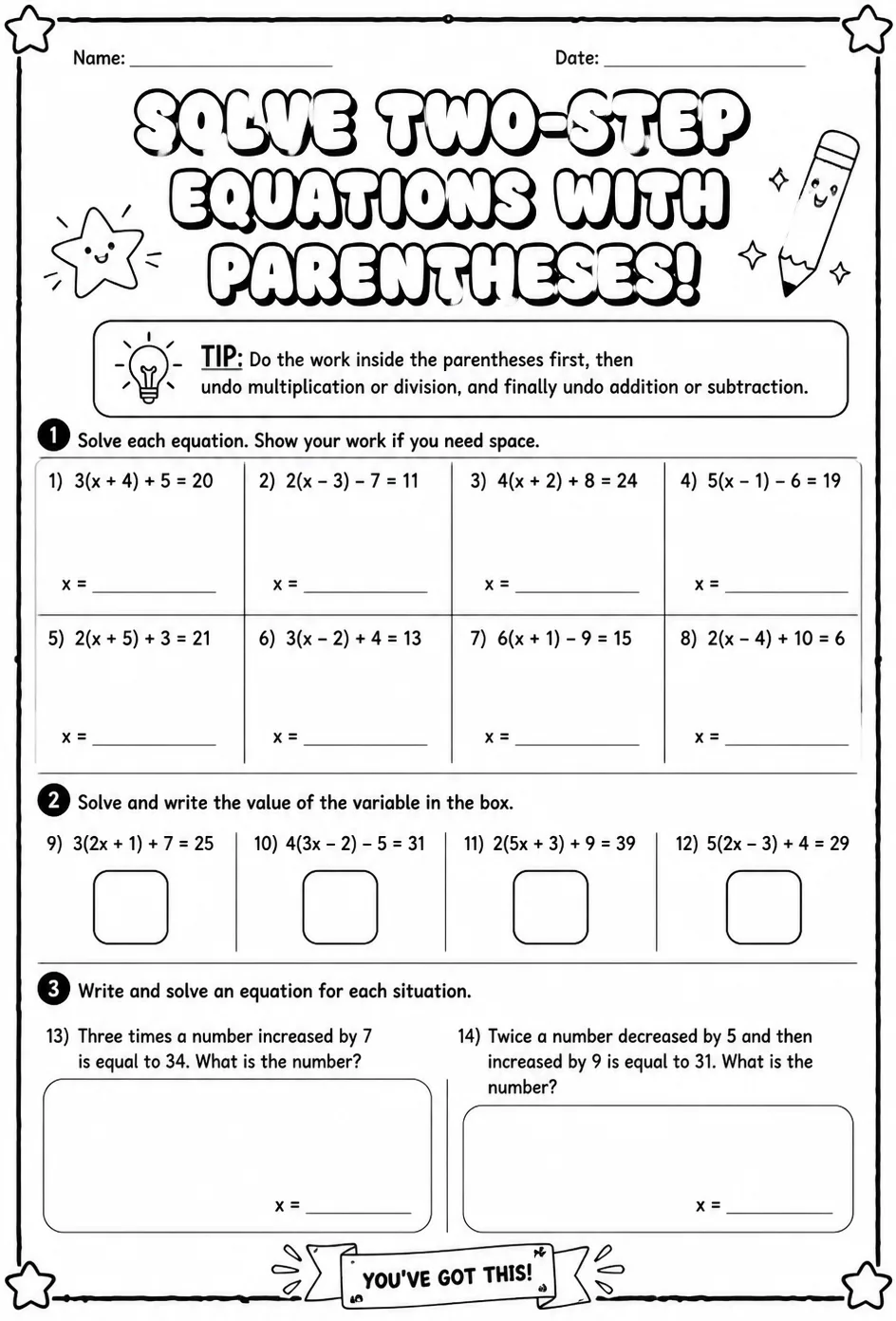 Solve two-step equations with parentheses