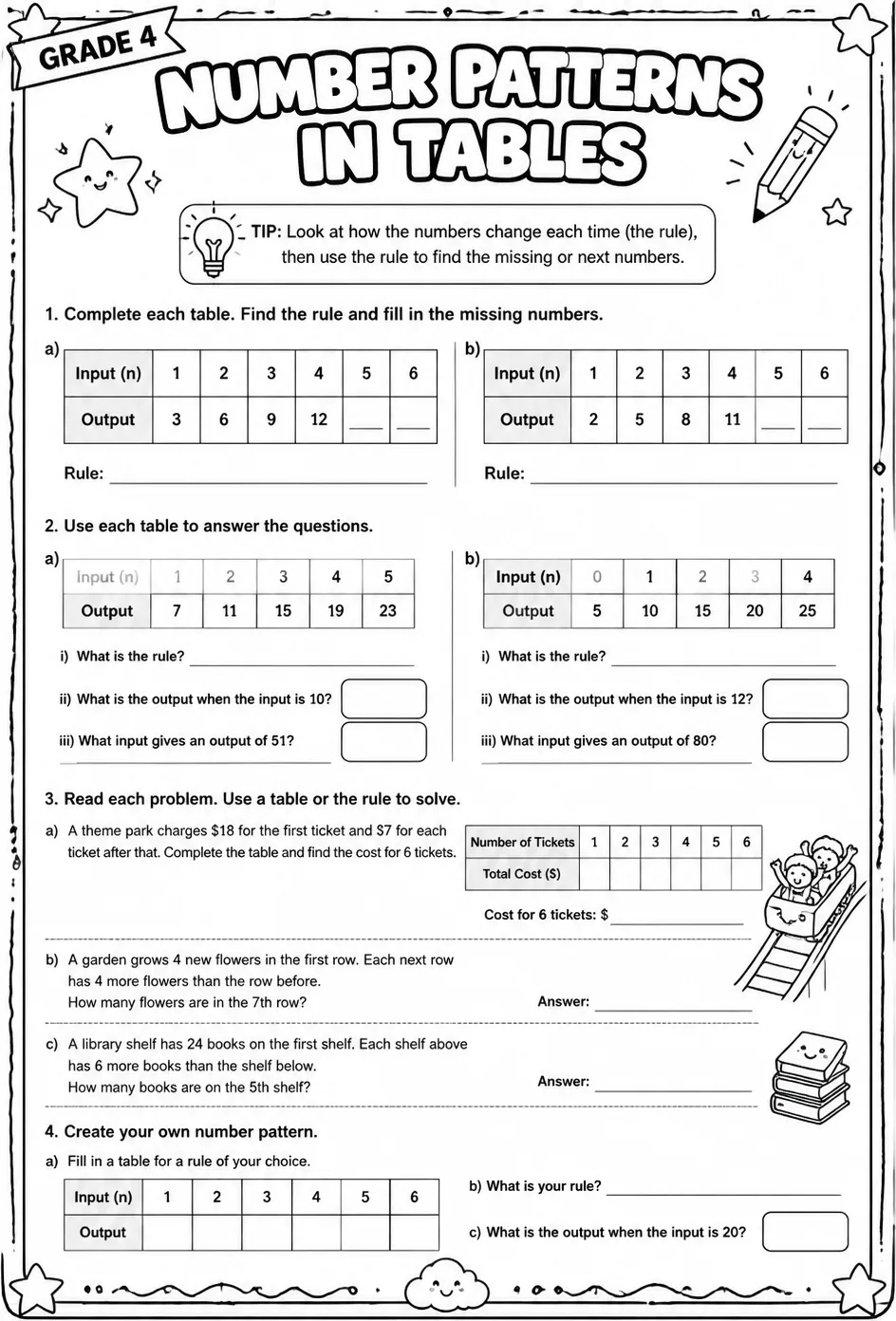 Solve word problems involving number patterns in tables