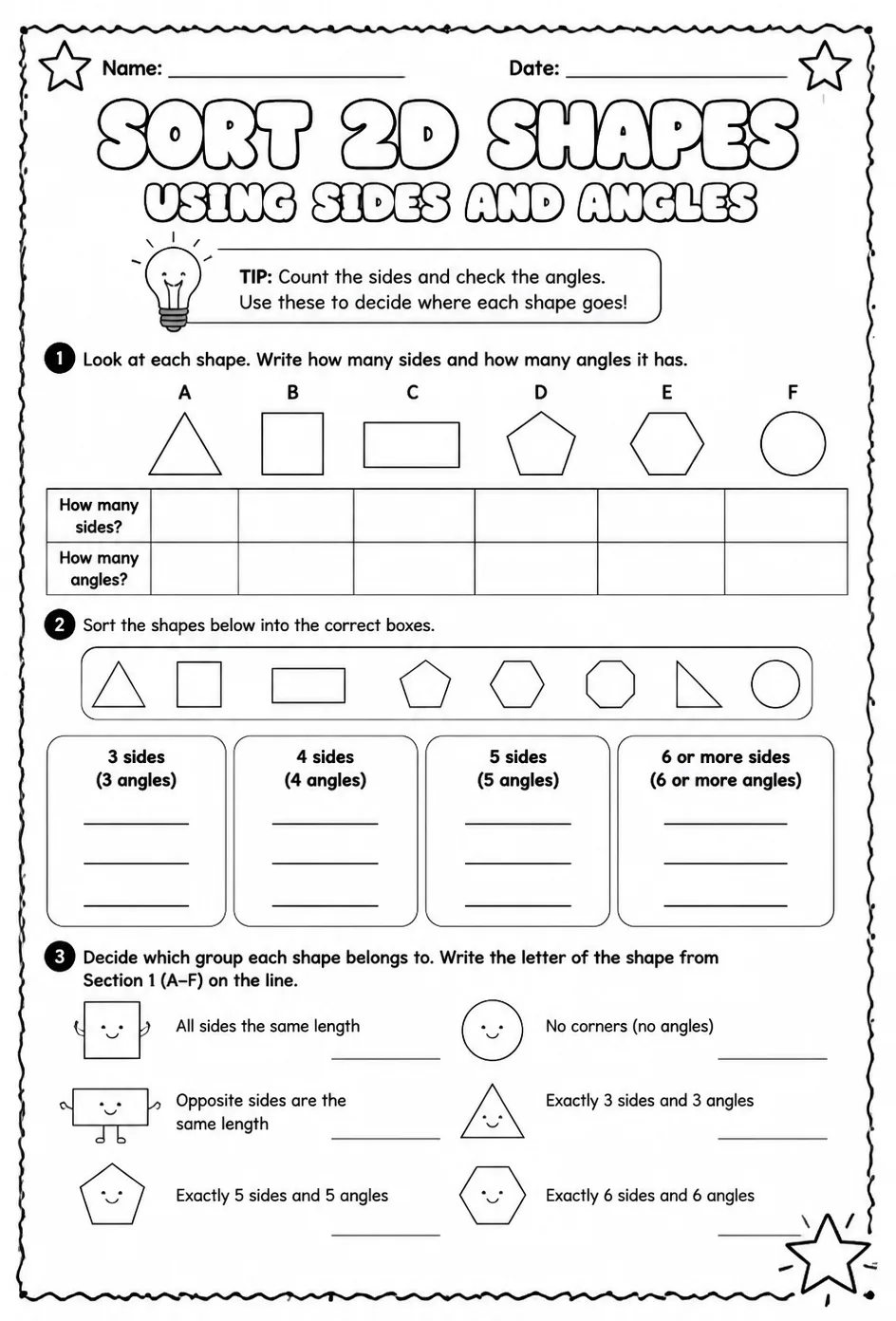 Sort two-dimensional shapes using sides and angles