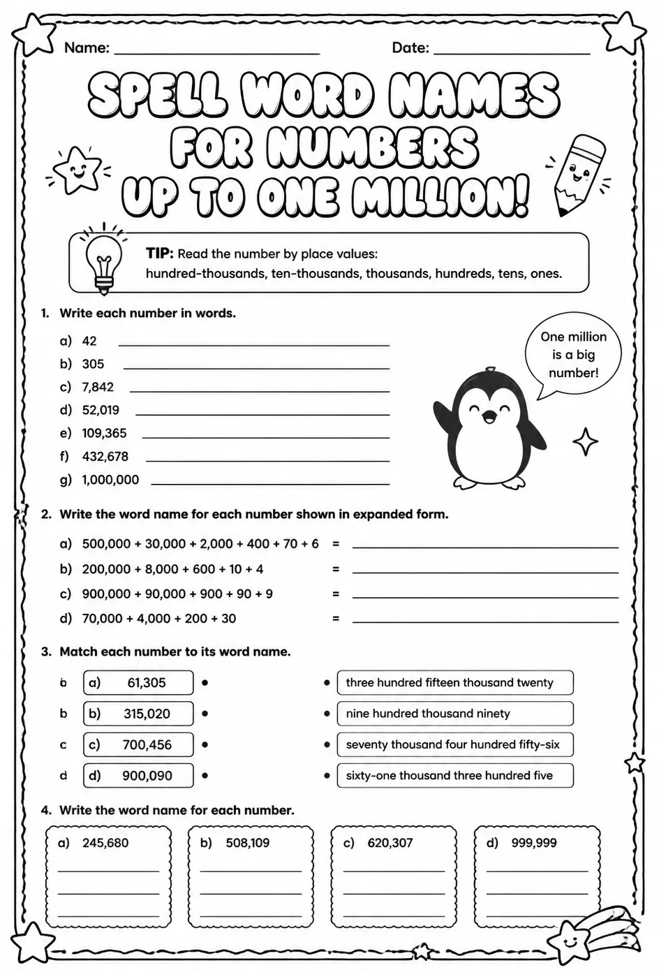 Spell word names for numbers up to one million