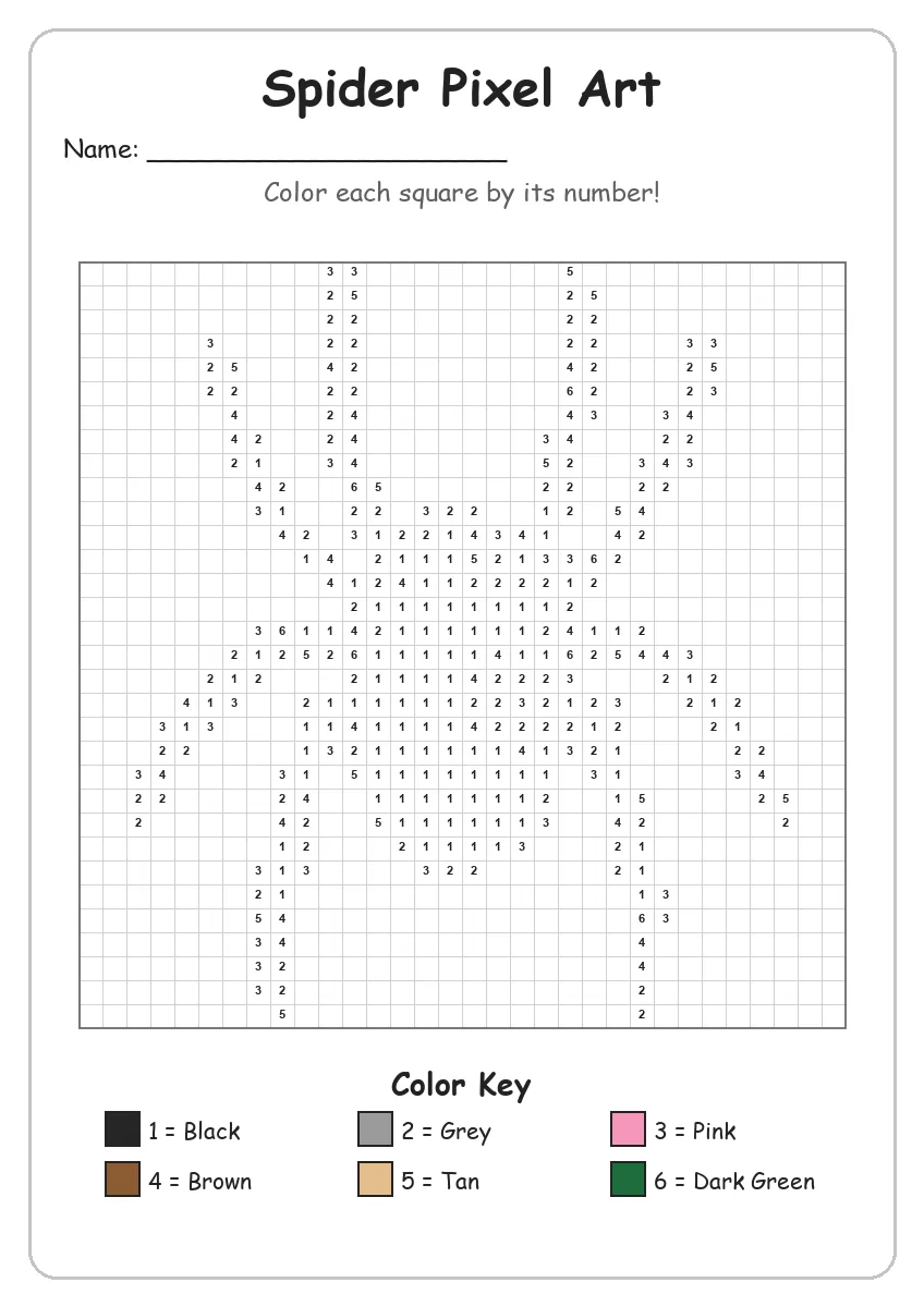 Spider Pixel Art — Color by Number (Grade 2)