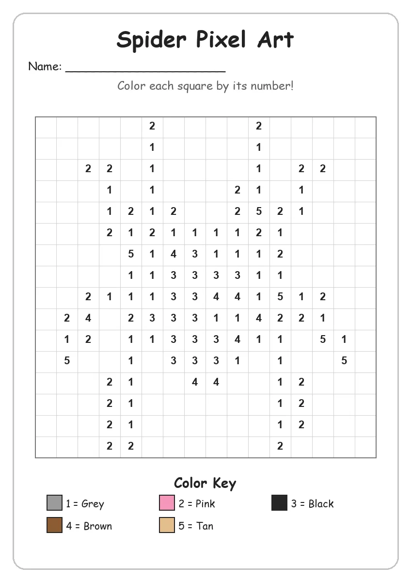 Spider Pixel Art — Color by Number (Kindergarten)