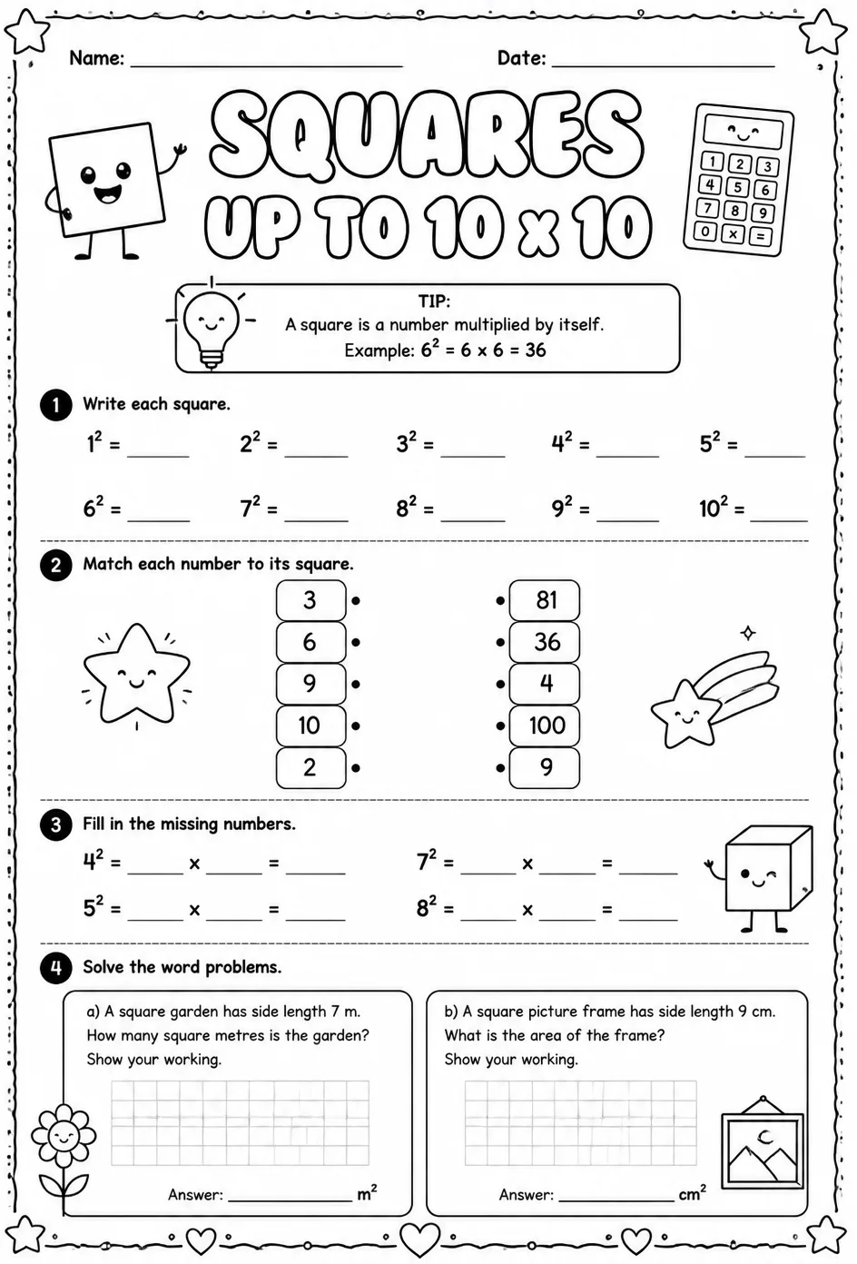 Squares up to 10 x 10
