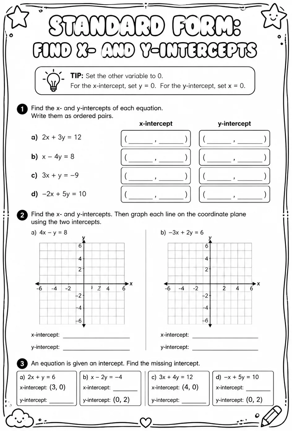 Standard form: find x- and y-intercepts