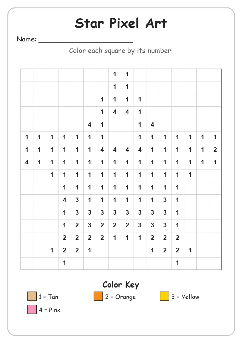 Star Pixel Art — Color by Number (Kindergarten)