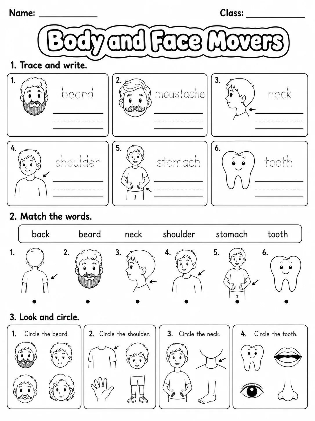 Body and Face Movers Vocabulary Worksheet Pack