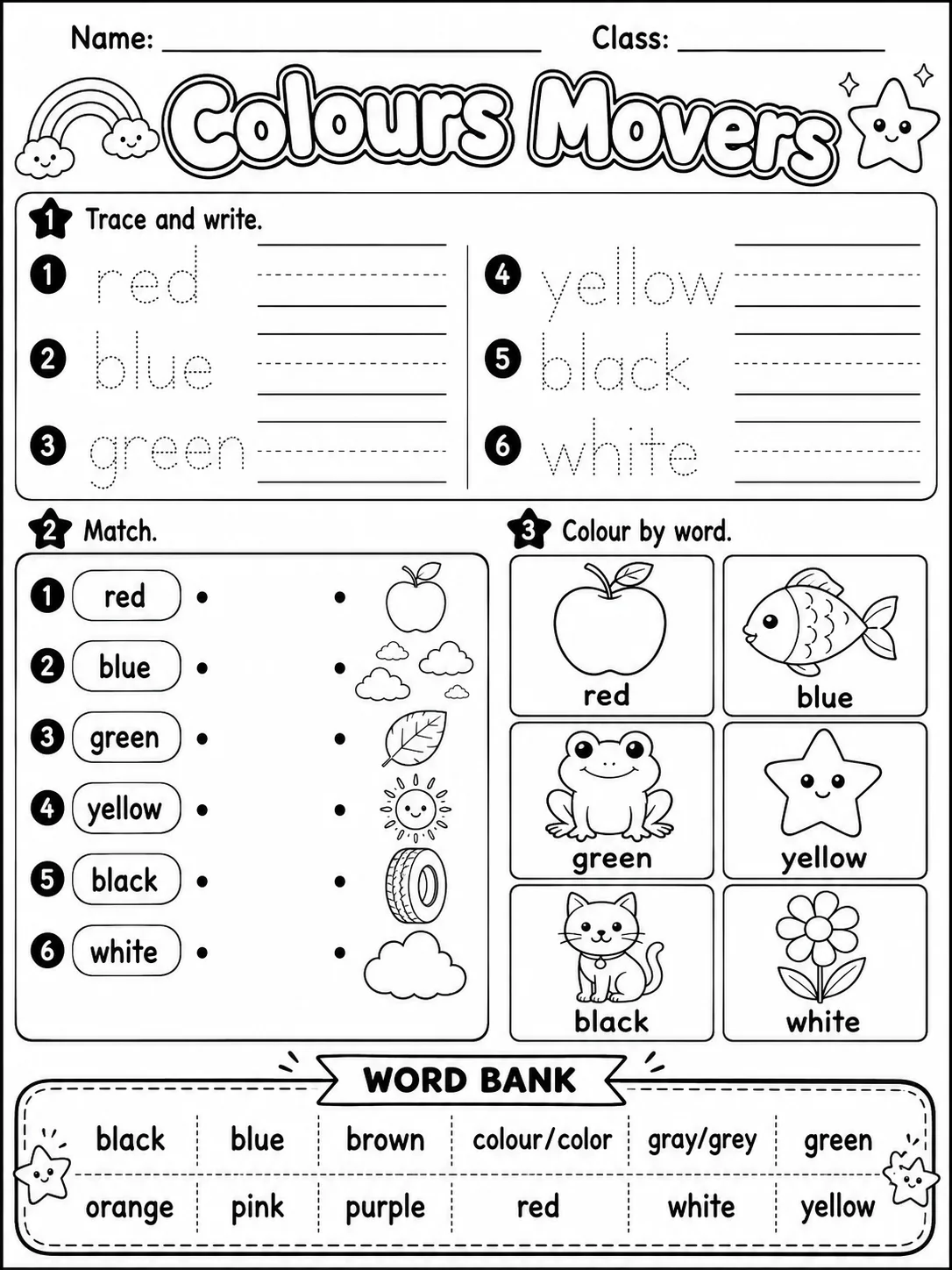 Colours Movers Vocabulary Worksheet Pack