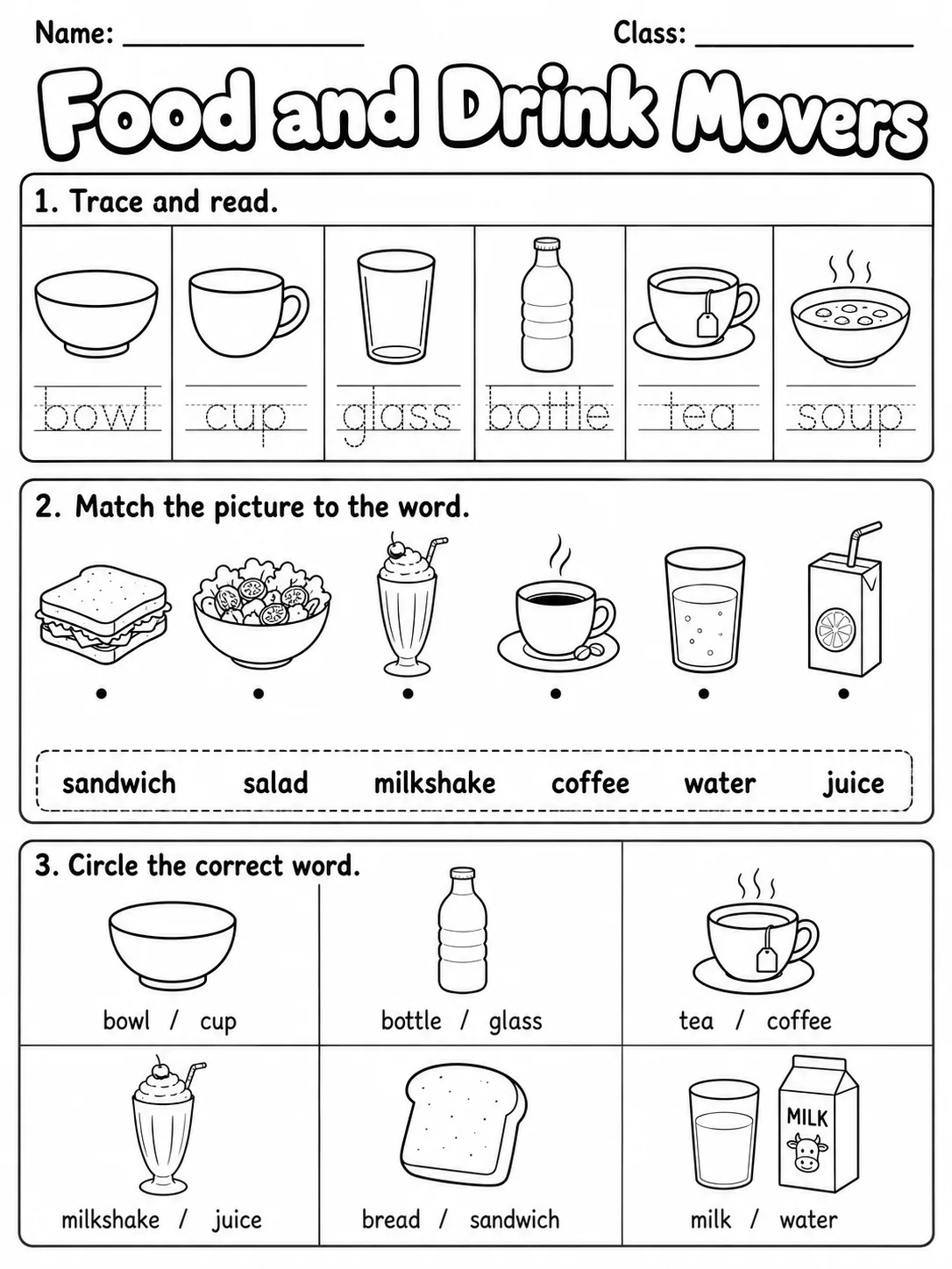 Food and Drink Movers Vocabulary Worksheet Pack