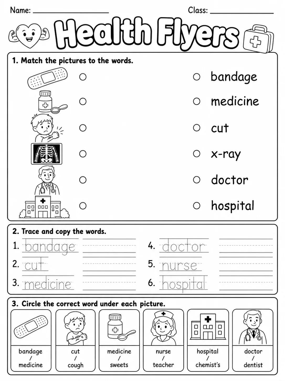 Health Flyers Vocabulary Worksheet Pack