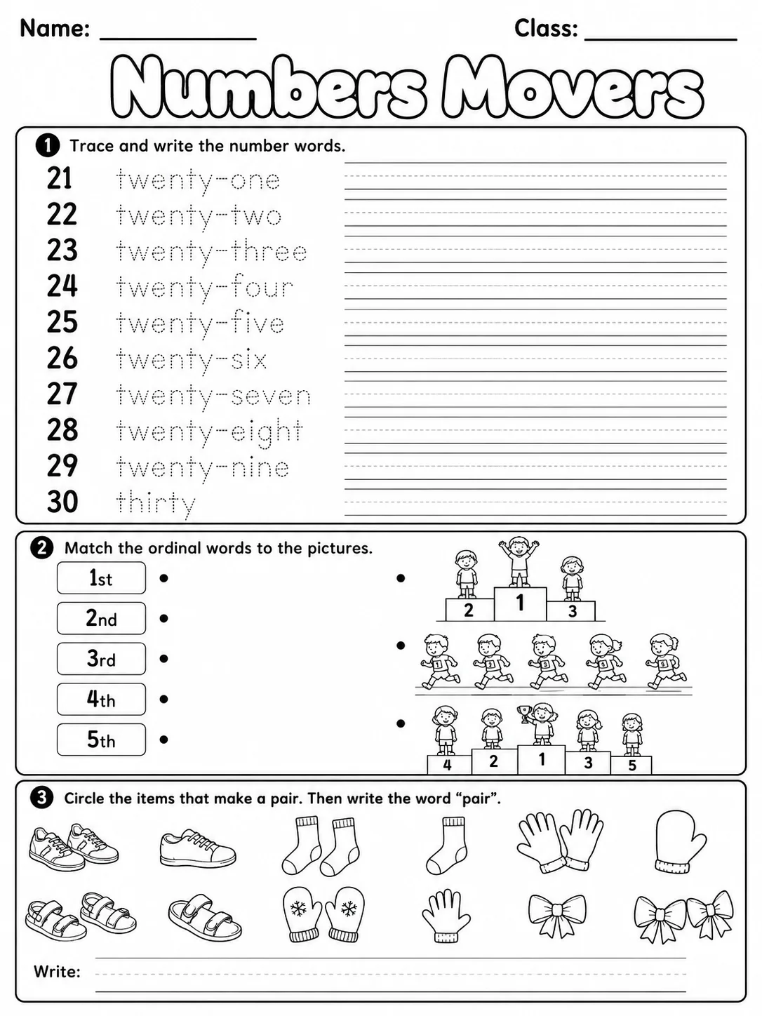 Numbers Movers Vocabulary Worksheet Pack