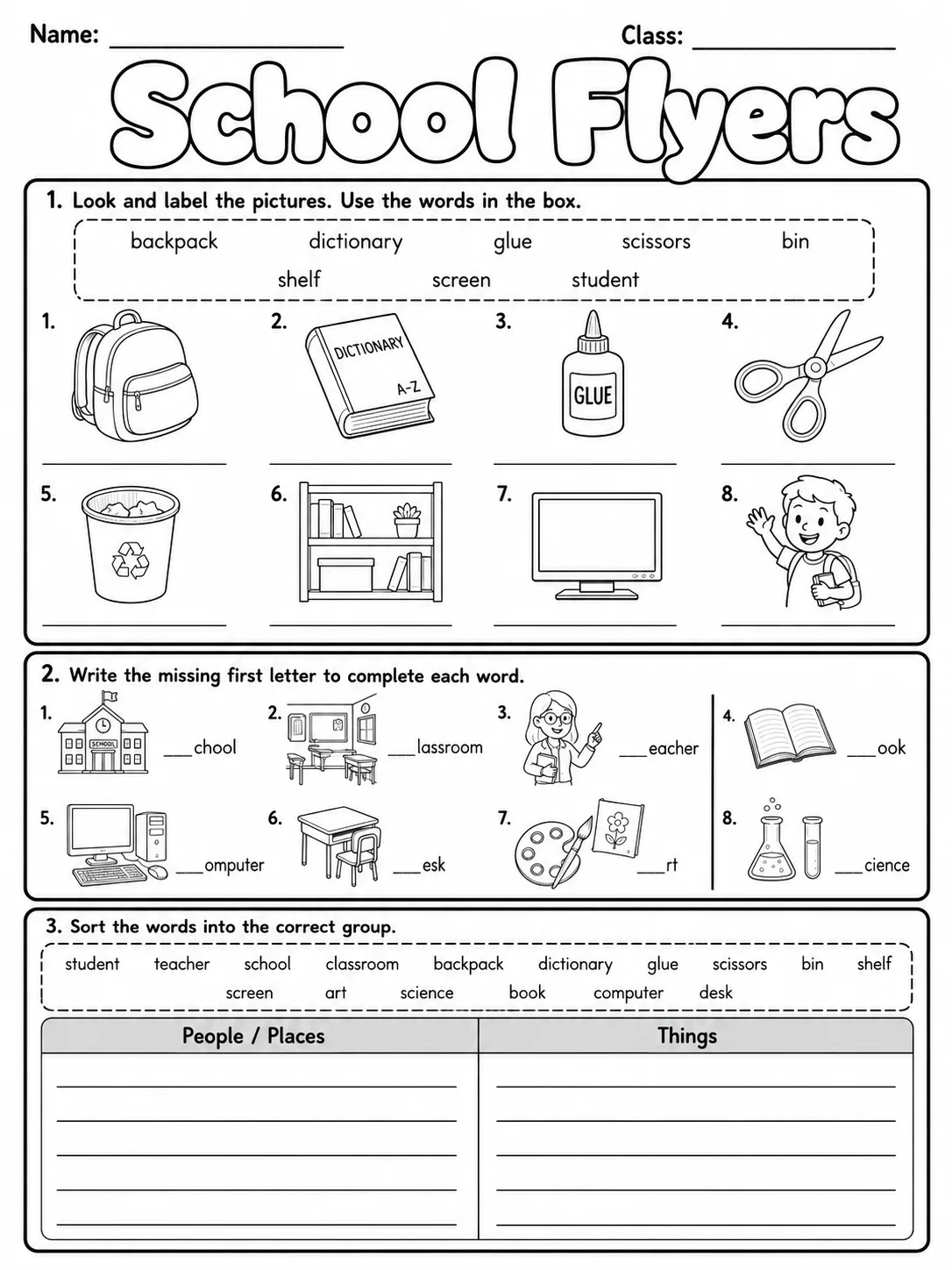 School Flyers Vocabulary Worksheet Pack