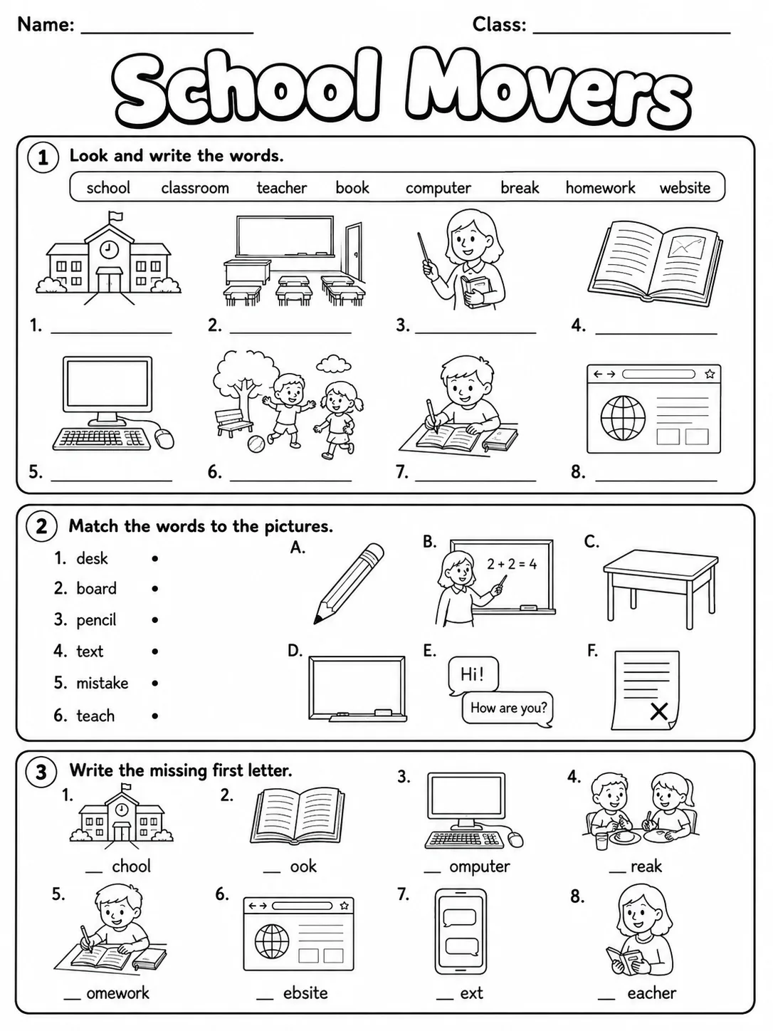 School Movers Vocabulary Worksheet Pack
