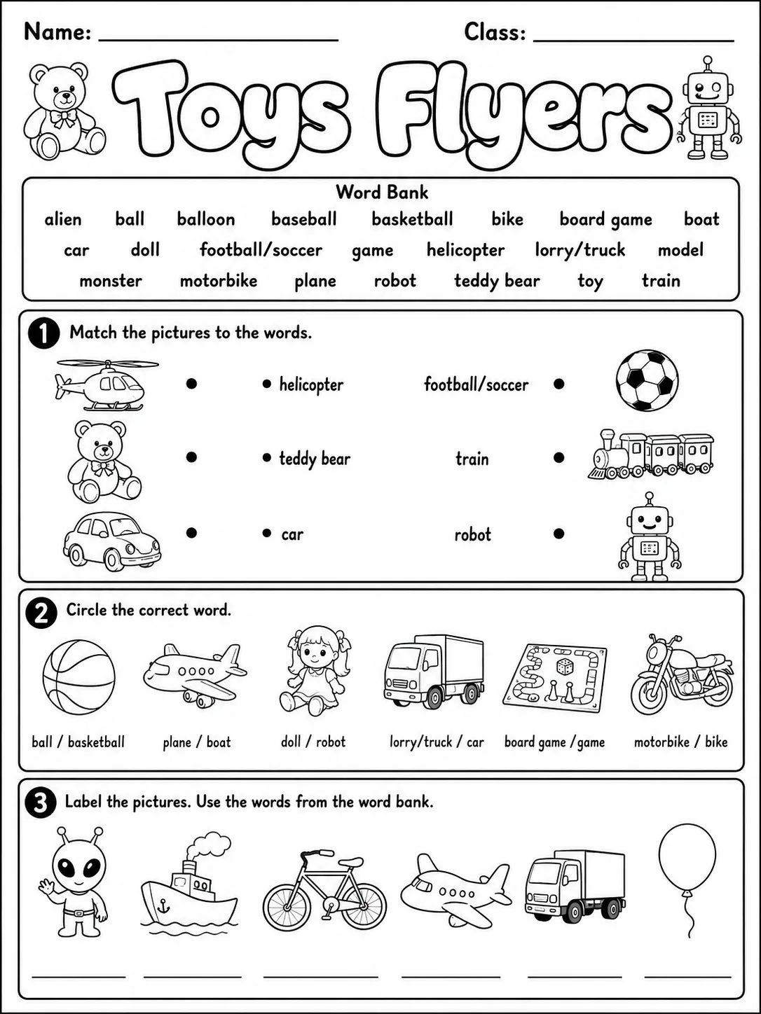 Toys Flyers Vocabulary Worksheet Pack