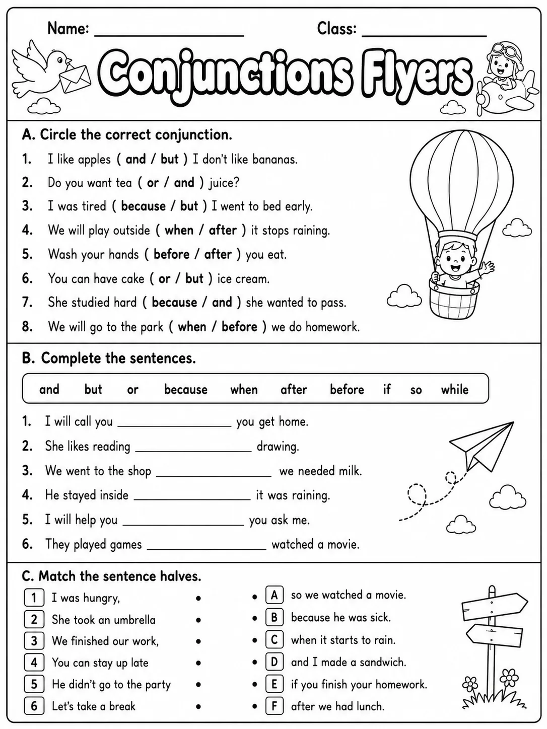 Conjunctions Flyers Vocabulary Worksheet Pack