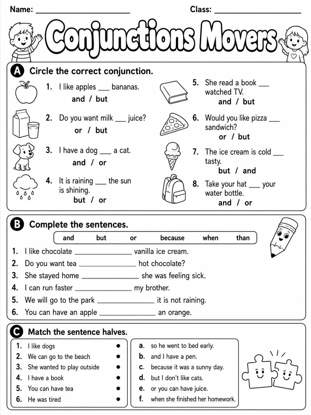 Conjunctions Movers Vocabulary Worksheet Pack
